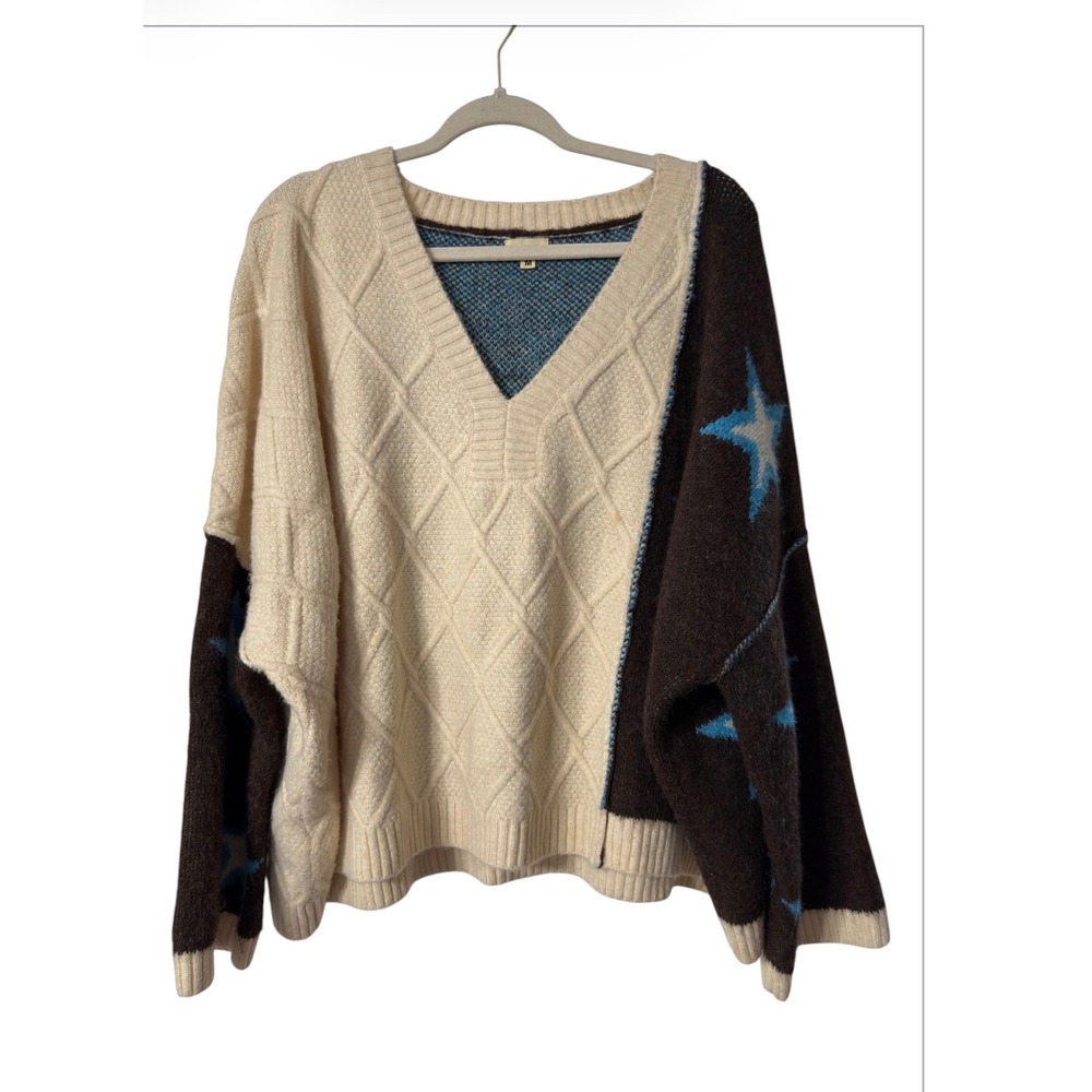 POL Women Oversized Colorblock Star Cable Knit V-Neck Sweater Brown Cream Blue M